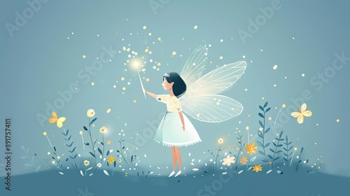 Magical fairy with glowing wings touching stars in a whimsical garden, surrounded by butterflies and flowers, against a blue background.
