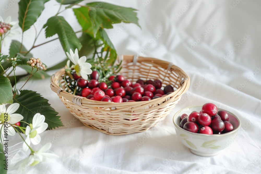 Detailed Macro Photography of Cranberries in Wicker Basket. Green Leaves and Flowers, Vibrant Colors on White Tablecloth Detailed Macro Photography of Cranberries in Wicker Basket. Green Leaves and Flowers, Vibrant Colors on White Tablecloth
