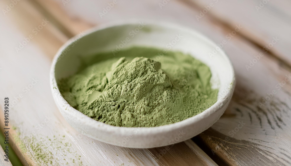 Green clay powder in handmade ceramic bowl on wooden table. Beauty product. Skincare and wellness Green clay powder in handmade ceramic bowl on wooden table. Beauty product. Skincare and wellness