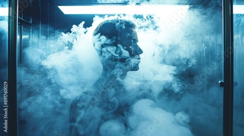 A person is standing inside a cryosauna chamber, surrounded by a thick layer of vapor
