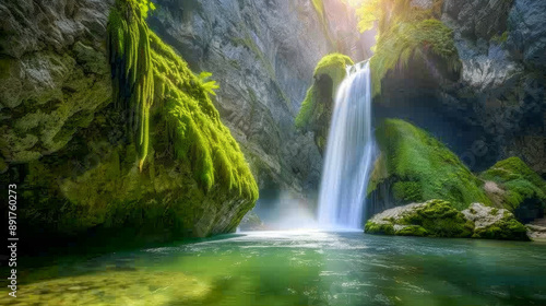 A serene waterfall cascading down a moss-covered rock cliff into a tranquil pool.