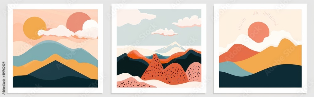 Three Frames on a Wall Featuring Abstract Shapes and Landscapes in Various Colors with Black Ink Outlines, on a White Background with Copy Space Three Frames on a Wall Featuring Abstract Shapes and Landscapes in Various Colors with Black Ink Outlines, on a White Background with Copy Space