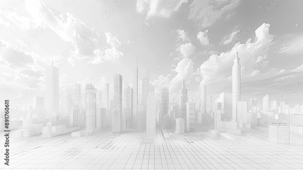 Fototapeta premium Wireframe Cityscape under Cloudy Sky