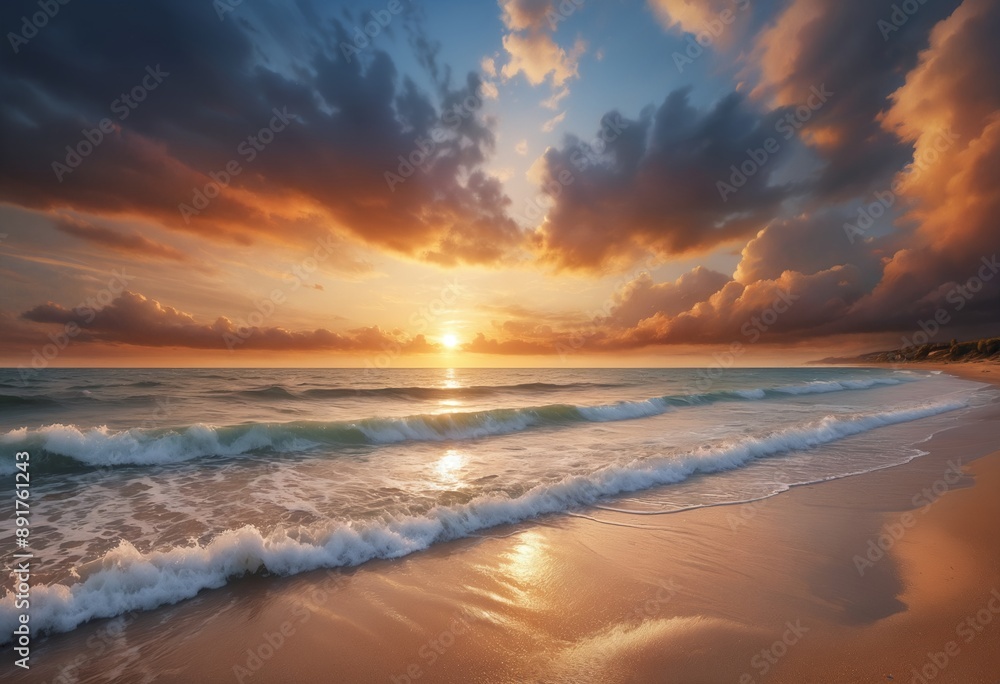 Fototapeta premium Dramatic sky over beach and seascape at sunset