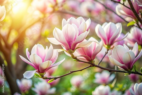 Soft pink and white magnolia flowers blooming in garden, pink, spring, magnolia, blooming, floral