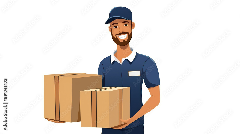 Delivery man in uniform holding boxes isolated on pure white background Delivery man in uniform holding boxes isolated on pure white background