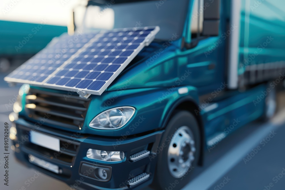 A closeup of an ecofriendly solar power truck in an ultramodern, supernatural scene, with copy space A closeup of an ecofriendly solar power truck in an ultramodern, supernatural scene, with copy space