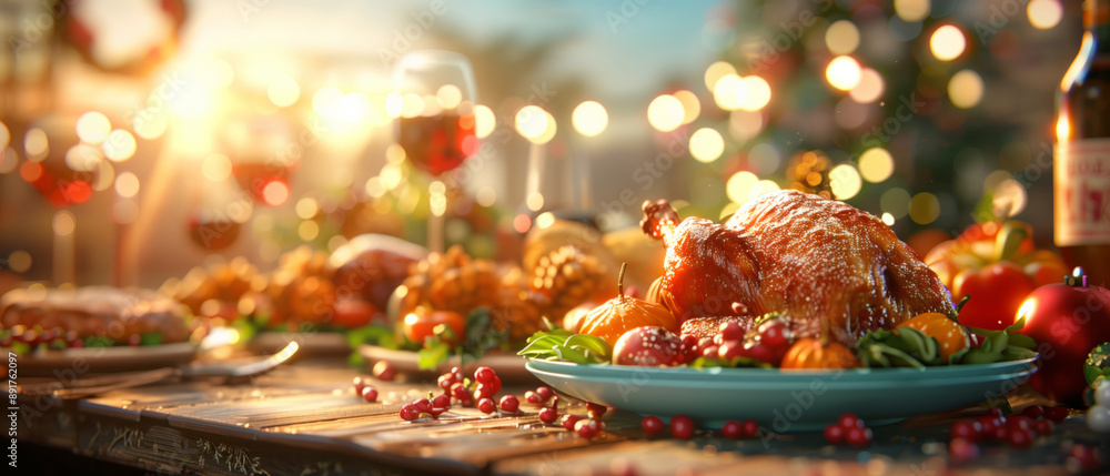 A beautifully set table with festive decorations, featuring an exquisite roasted turkey as the centerpiece for Christmas dinner A beautifully set table with festive decorations, featuring an exquisite roasted turkey as the centerpiece for Christmas dinner