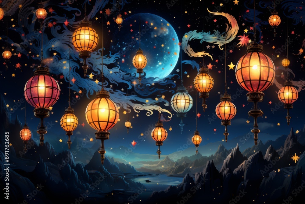 Enchanted Night Sky with Floating Lanterns Enchanted Night Sky with Floating Lanterns