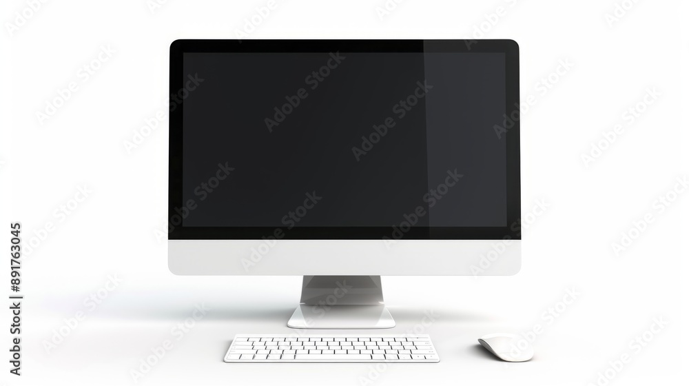 Fototapeta premium Minimalist desktop setup with a sleek monitor, keyboard, and mouse. Clean and modern design ideal for office and professional use. Perfect for presentations and work environments. AI
