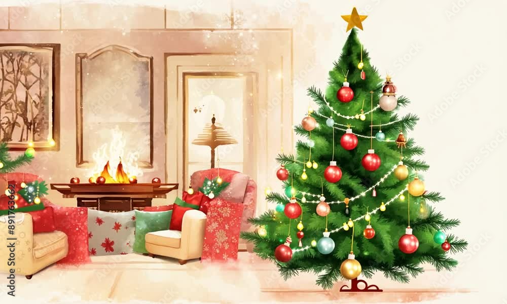 A Christmas scene with a Christmas tree and a fireplace. The room is decorated with a red and white color scheme A Christmas scene with a Christmas tree and a fireplace. The room is decorated with a red and white color scheme