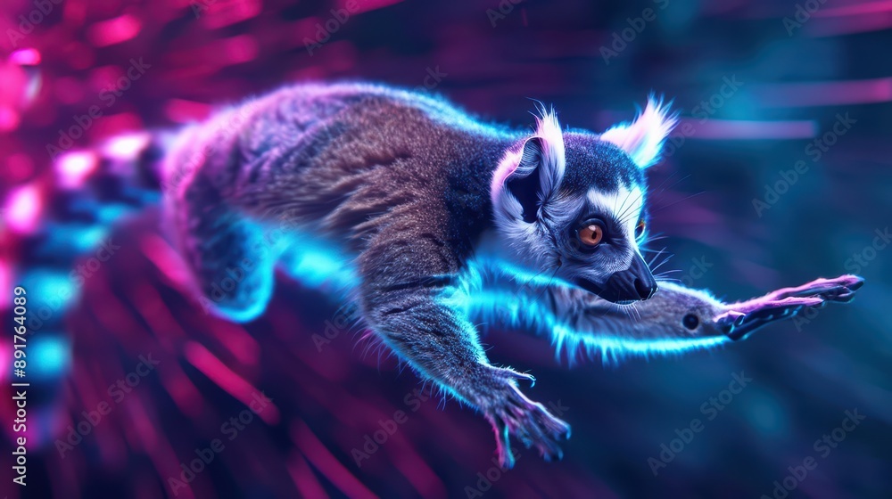 Obraz premium A lemur leaping across an ultramodern, supernatural scene, with copy space