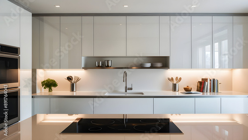 Modern kitchen photography showcasing a sleek, streamlined design with an emphasis on minimalism, featuring stainless steel appliances, glass countertops, generative ai