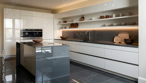 Modern kitchen photography showcasing a sleek, streamlined design with an emphasis on minimalism, featuring stainless steel appliances, glass countertops, generative ai