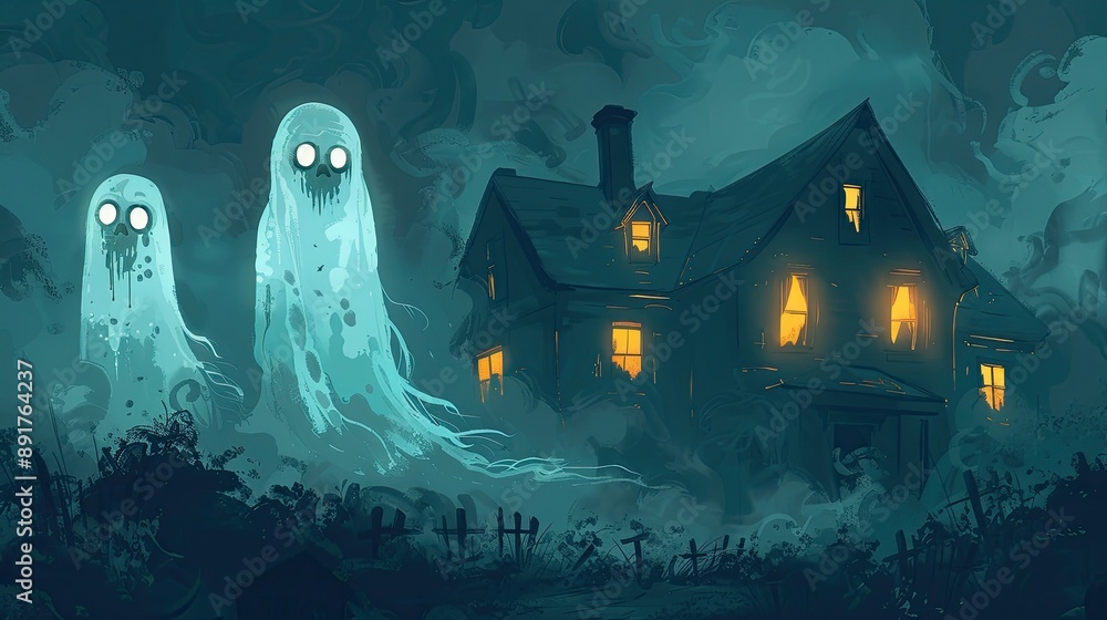 Spooky haunted house at night with glowing windows, surrounded by fog ...