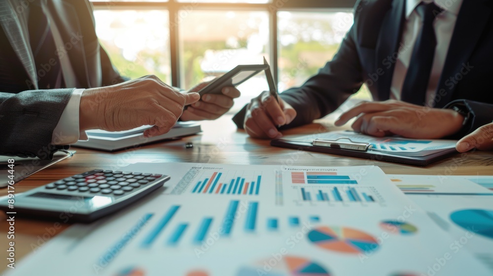 Closeup of hands Businessman with a calculator and reviewing documents with graphs and charts Closeup of hands Businessman with a calculator and reviewing documents with graphs and charts