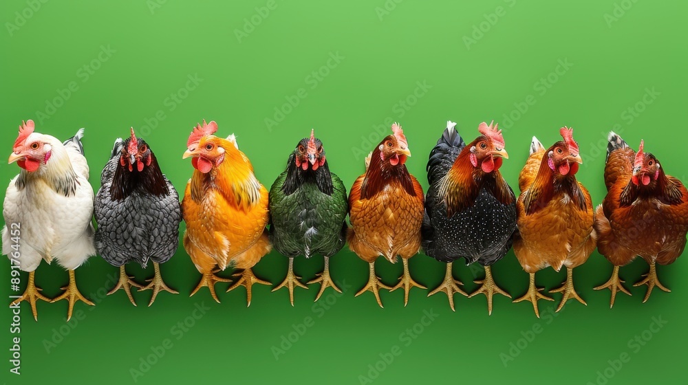 Vibrant Lineup of Chickens in Various Colors Against a Green Background ...