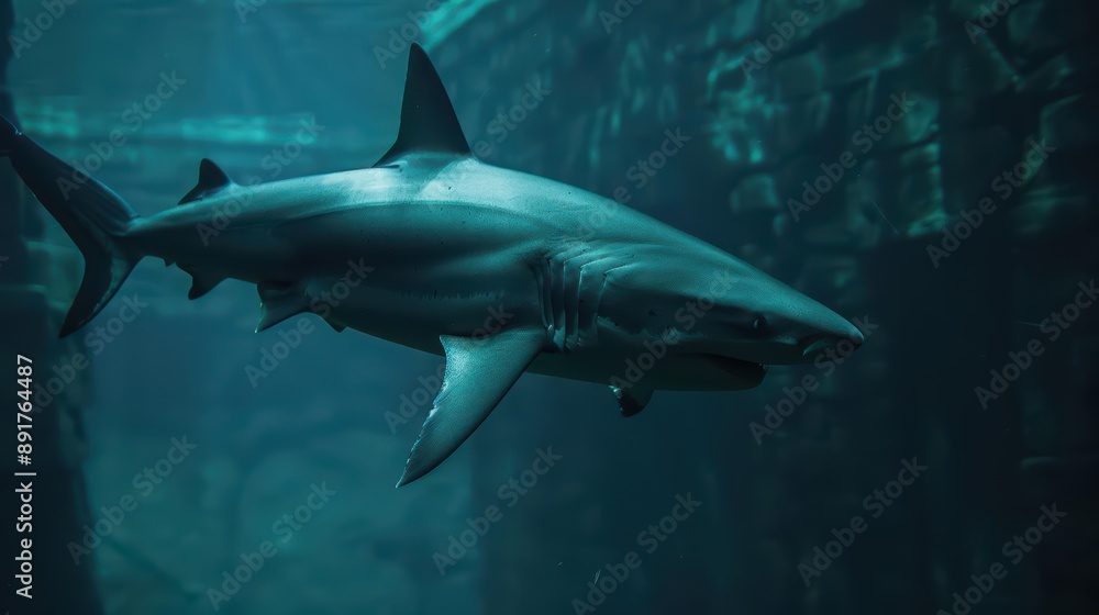 Obraz premium A shark patrolling in an ultramodern, supernatural scene, with copy space