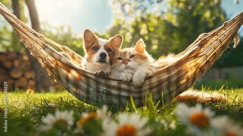 A dog and cat relaxing in a hammock on the grass, enjoying the sunny day