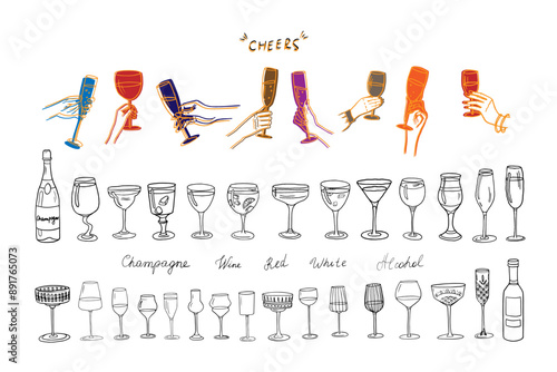 Set of hands with champagne glasses, wine glasses, champagne bottles and glasses. Cheers. Alcoholic drinks. Great for bar menu, banner, greeting card, holiday, wedding, celebration. Hand drawn. Doodle