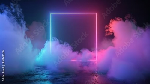 neon light square frame with copy space illuminated stormy clouds glowing geometric shape © RereArt