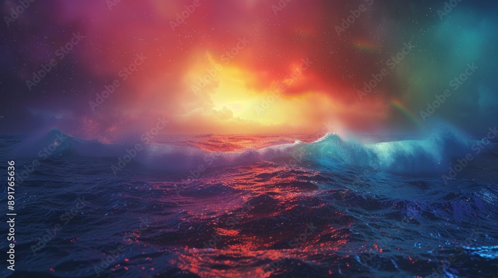 Naklejka premium Stormy sea, rainbow particles, starlight, realistic, beautiful clarity, style neon