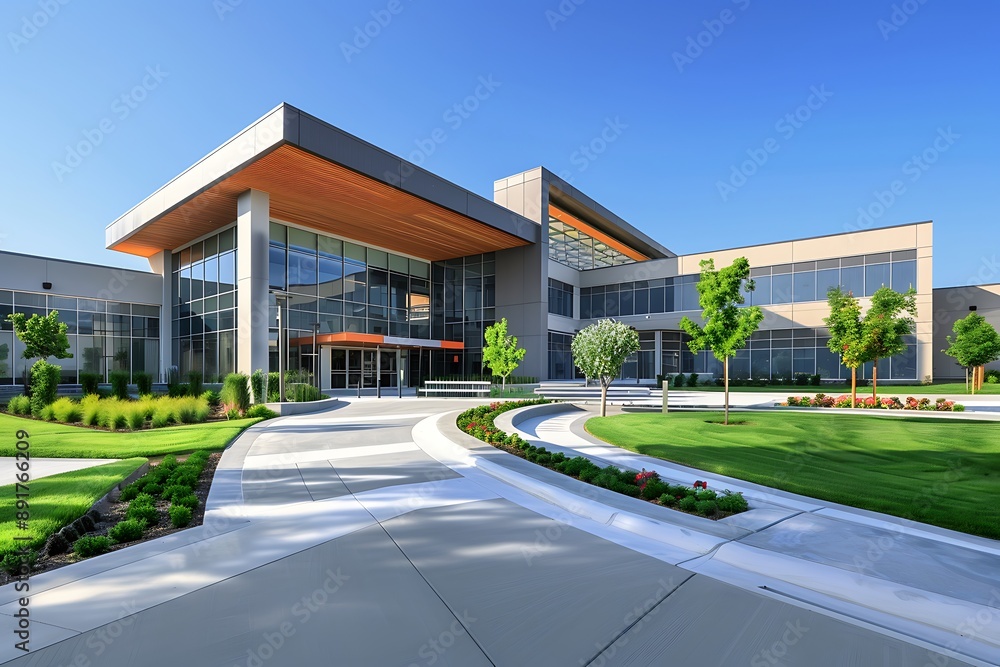 A sleek, modern school building with a welcoming entrance and well-maintained grounds A sleek, modern school building with a welcoming entrance and well-maintained grounds