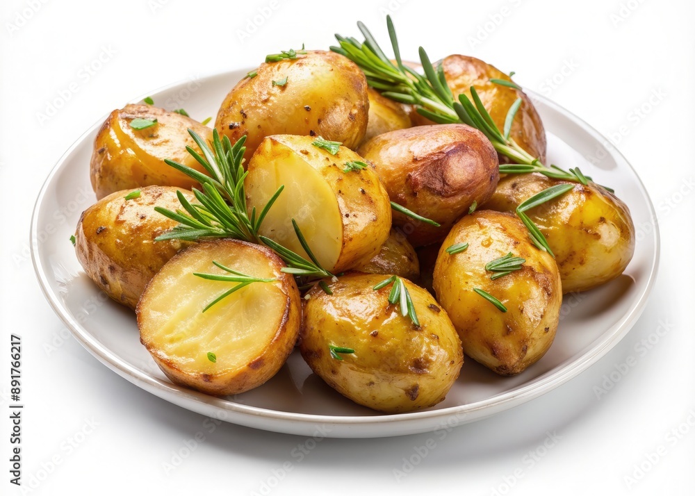 Baked Potatoes With Rosemary Sprigs on White Plate. Generative AI Baked Potatoes With Rosemary Sprigs on White Plate. Generative AI