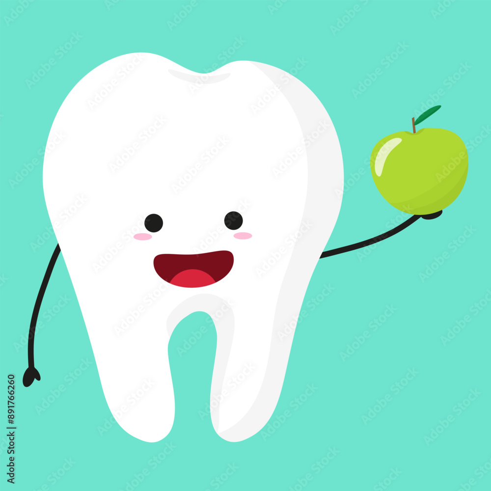 Vector cartoon tooth character with apple healthy food dental illustration for kids Vector cartoon tooth character with apple healthy food dental illustration for kids