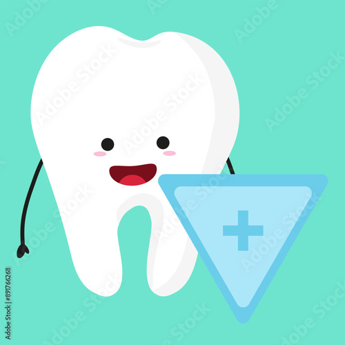 cute tooth character with shield. cartoon children's dental illustration on color background in flat style