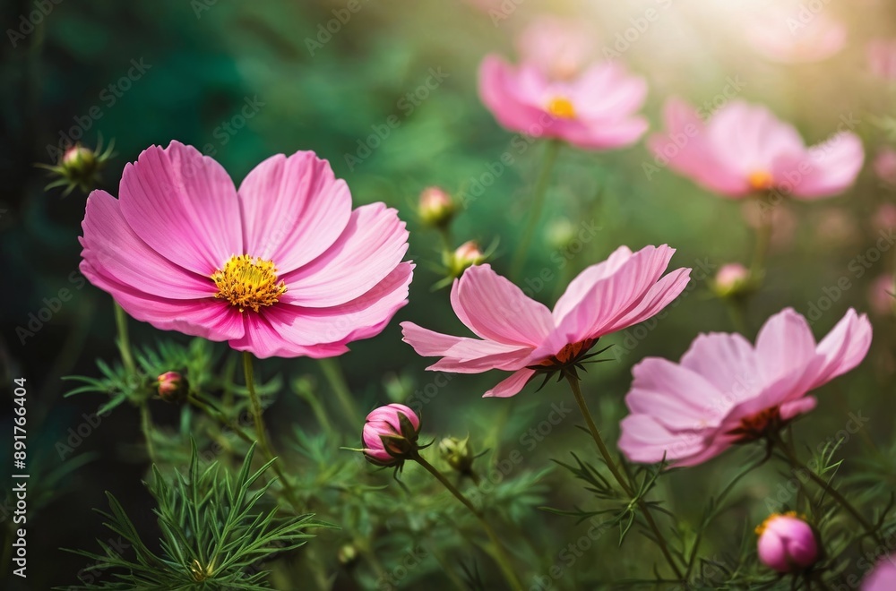 Cluster of delicate pink cosmos flowers bloom in garden bathed in soft sunlight Cluster of delicate pink cosmos flowers bloom in garden bathed in soft sunlight