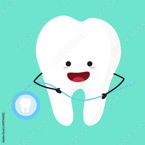 Vector cartoon tooth character with dental floss. dental illustration for kids in flat style