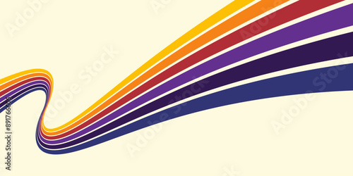 Abstract colorful 70s background vector. Vintage retro wallpaper with rainbow stripes and wavy lines. A 1970 color illustration suitable for posters, banners, decorative items and wall art.