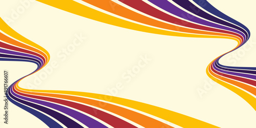 Abstract colorful 70s background vector. Vintage retro wallpaper with rainbow stripes and wavy lines. A 1970 color illustration suitable for posters, banners, decorative items and wall art.