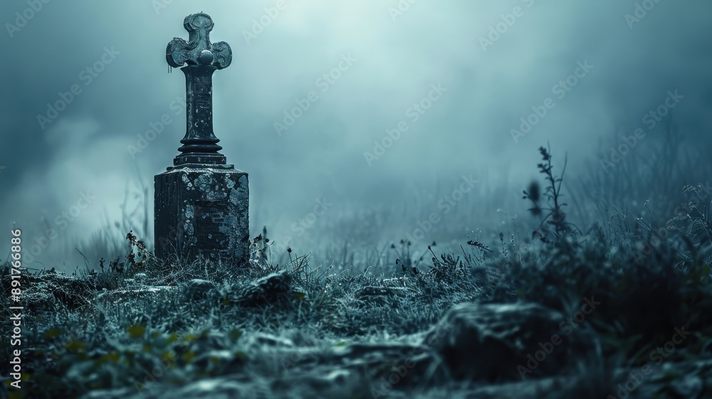 Mysterious foggy cemetery with an old cross tombstone, creating an eerie and haunting atmosphere. Mysterious foggy cemetery with an old cross tombstone, creating an eerie and haunting atmosphere.