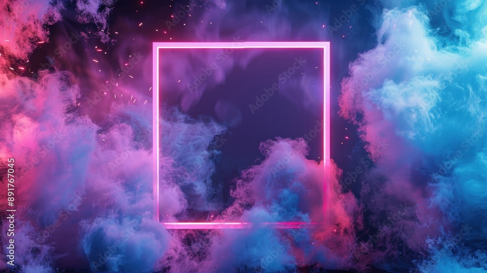 Fototapeta premium Glowing neon pink square with vibrant fog abstract background. Electric light frame.