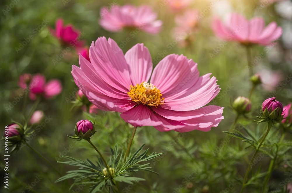 Single pink cosmos flower with yellow center in full bloom in garden sunlight Single pink cosmos flower with yellow center in full bloom in garden sunlight