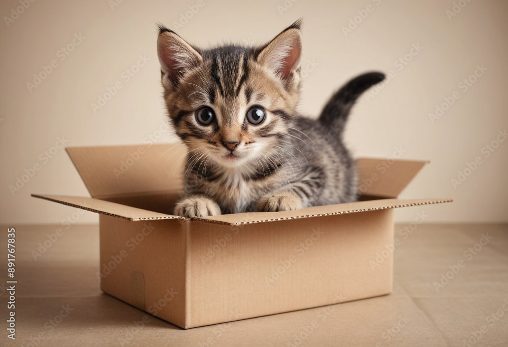 A curious kitten exploring a cardboard box. A curious kitten exploring a cardboard box.