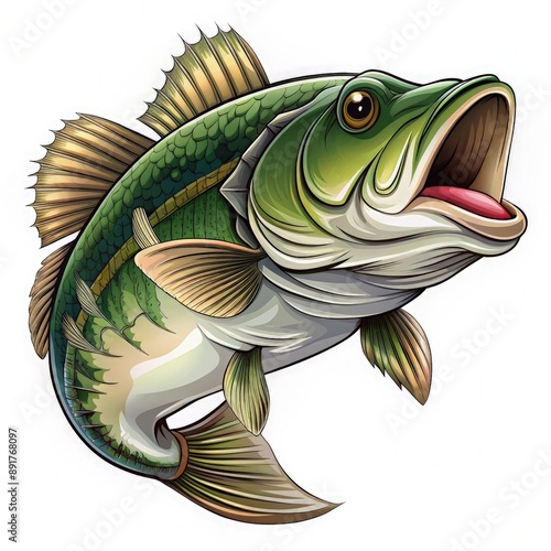 Largemouth Bass Cartoon Illustration for T-Shirt Design. Generative AI photo