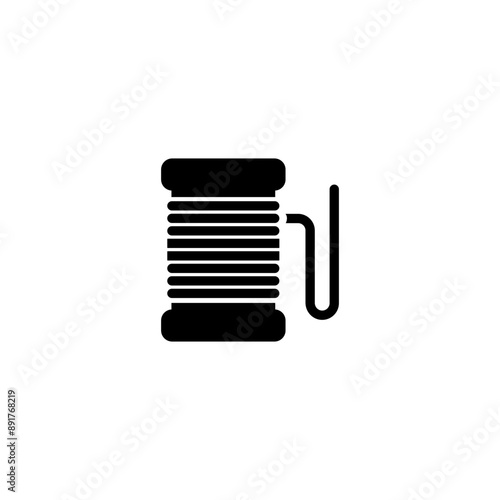 Black, simple, modern vector icon of a thread spool with needle, perfect for sewing, tailoring, and craft.