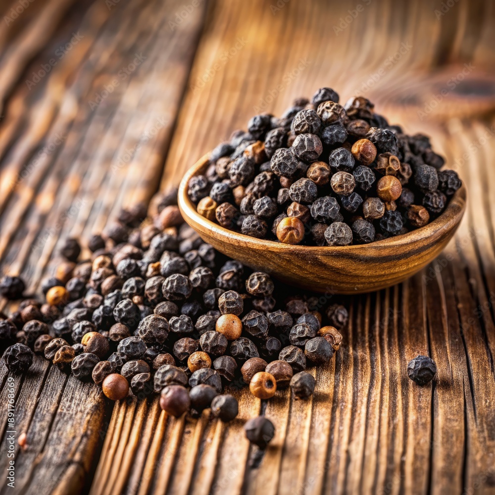 Black Peppercorns Scattered on a Wooden Surface. Generative AI Black Peppercorns Scattered on a Wooden Surface. Generative AI