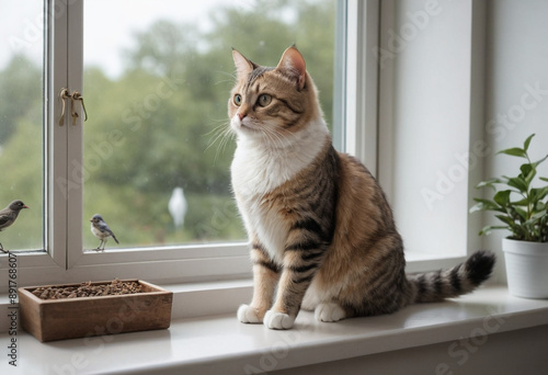  A cat perched on a windowsill, gazing out at the birds. 