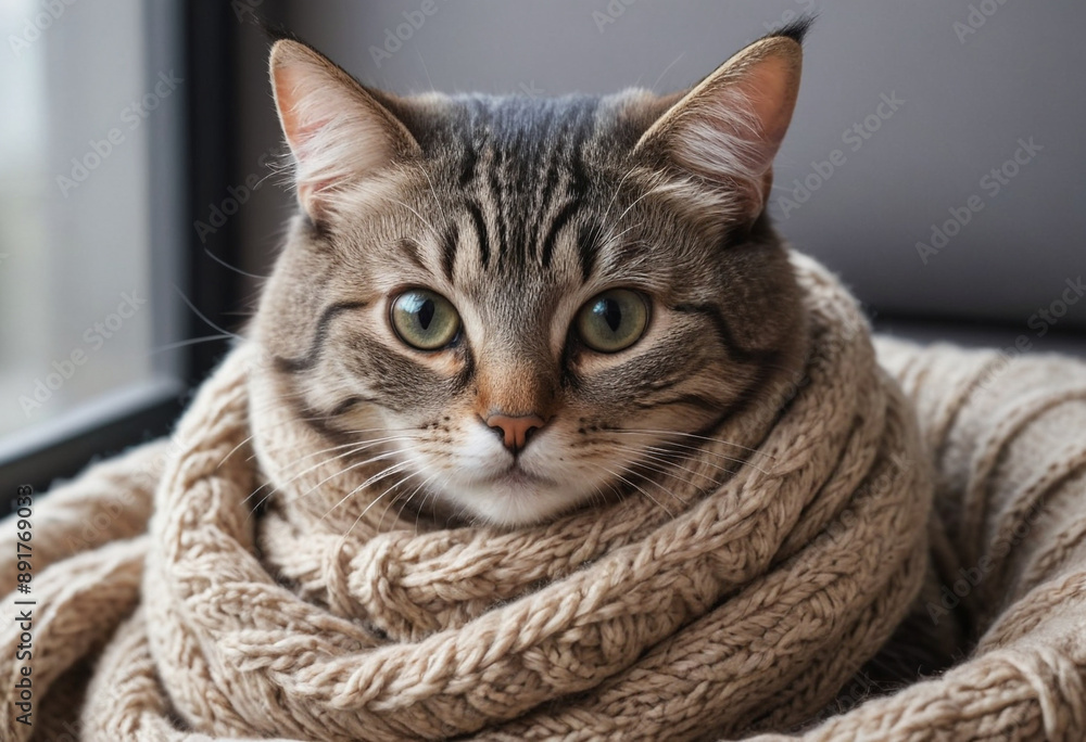 A cat curled up with a knitted scarf, looking cozy. A cat curled up with a knitted scarf, looking cozy.