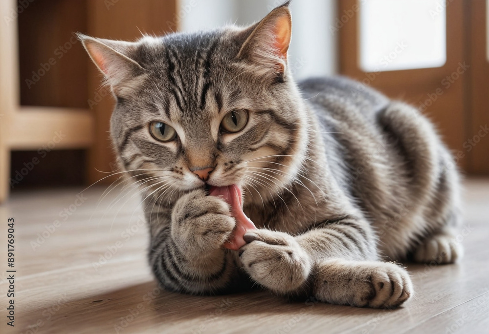 A cat meticulously licking its paw to clean itself. A cat meticulously licking its paw to clean itself.