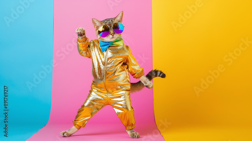  a cat in an 80s disco ensemble, wearing a shiny gold jumpsuit, a colorful bowtie, and tiny sunglasses. photo