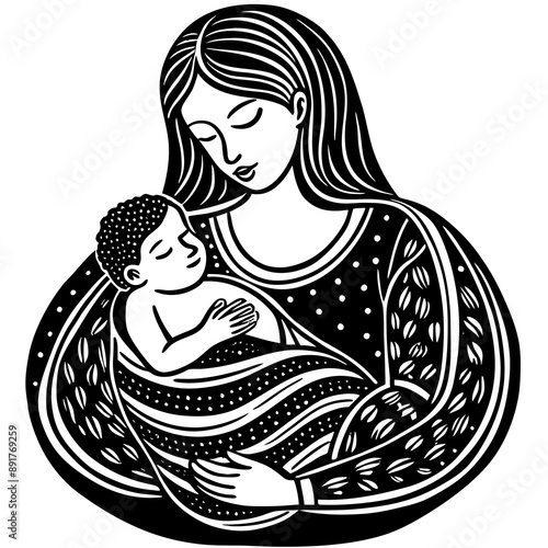 Mother with Baby in Arms, Loving and Caring, Black and White Woodcut Style