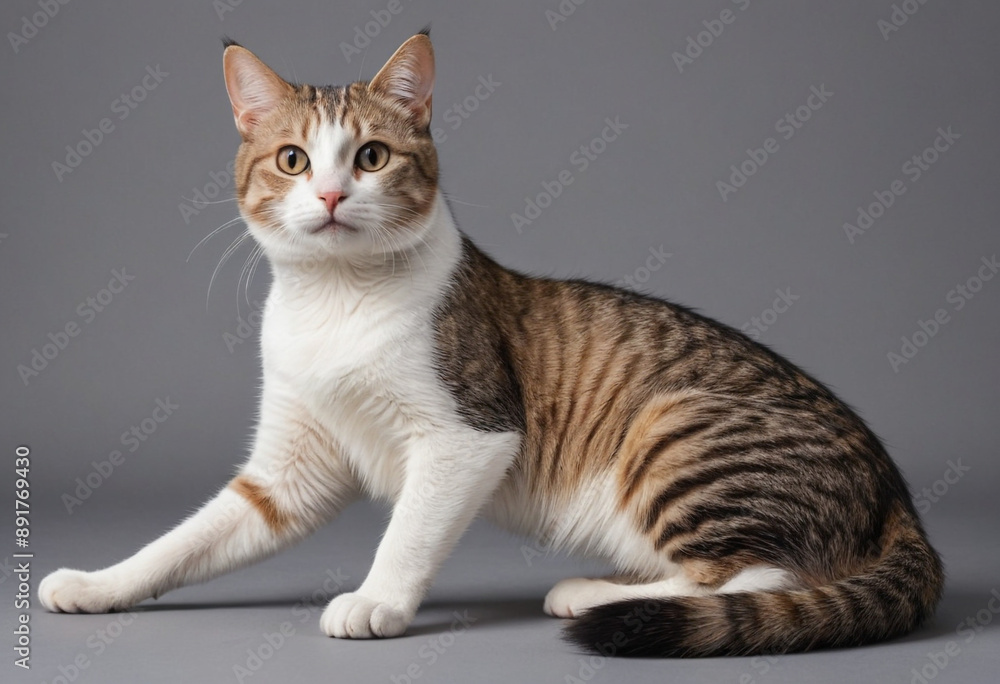 Obraz premium A cat stretching its back after a good grooming session.