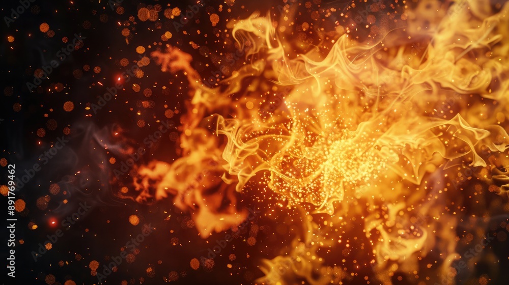 Obraz premium A fiery explosion of orange and yellow flames with a haze of smoke and sparks against a black background