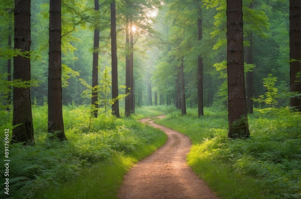 Sunlit path winds through lush green forest and creating magical atmosphere Sunlit path winds through lush green forest and creating magical atmosphere