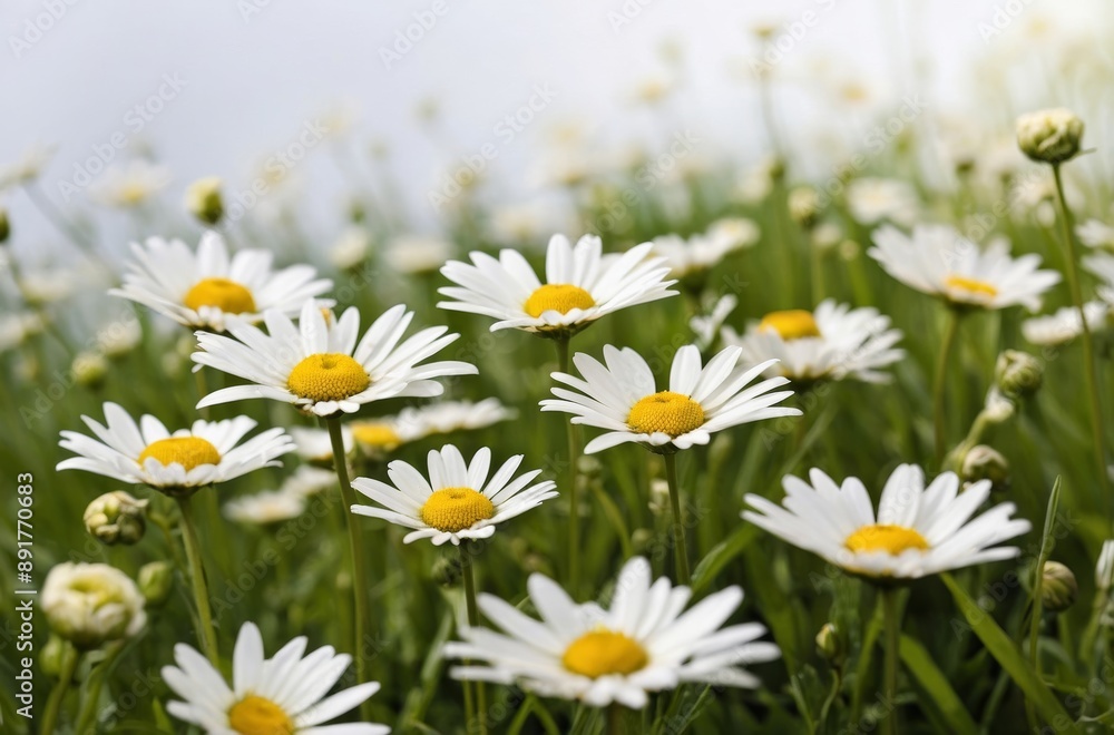 Field of white daisies with yellow centers in green grass on sunny day Field of white daisies with yellow centers in green grass on sunny day